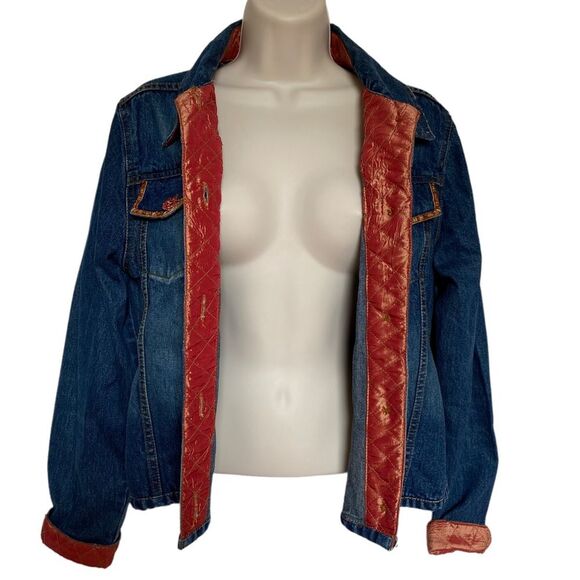Vintage Bohemian Orange Jewel Button Blue Denim Trucker Jacket Sz S - Picture 4 of 16